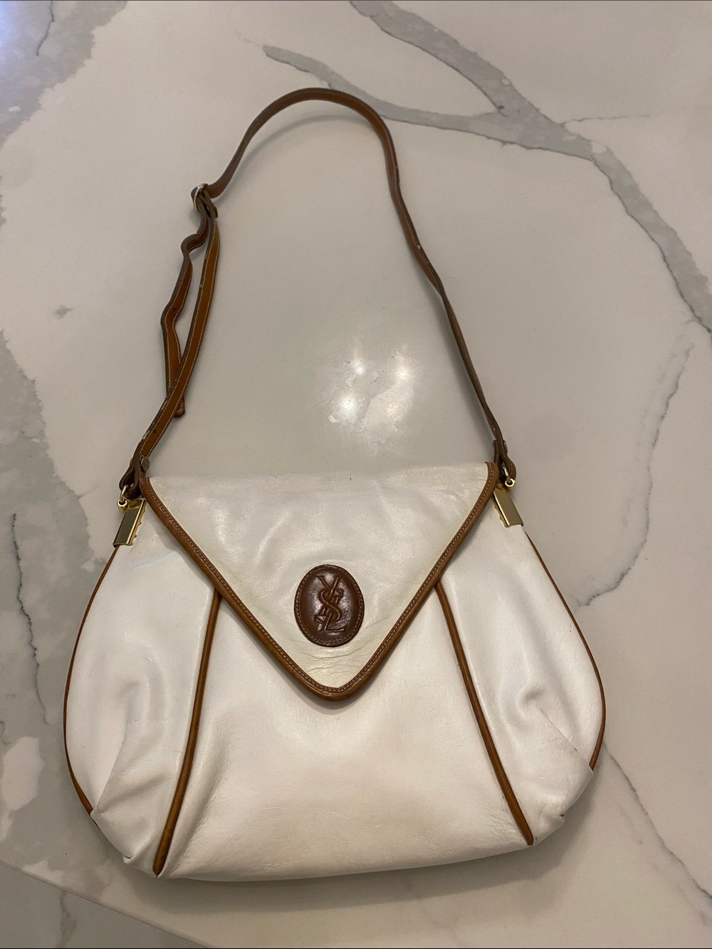 Yves Saint Laurent White Leather Shoulder Bag with Brown Trim